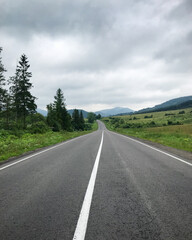 Empty road in the mountains. Vanishing point - road in carpathian mountains on a cloudy day.