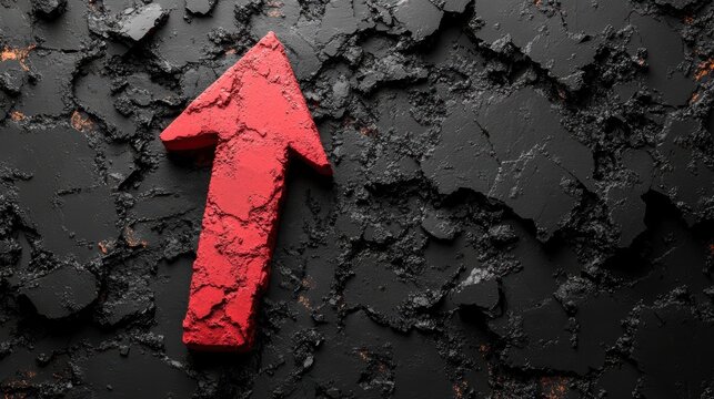 Solid Red Upward Arrow on Textured Black Background with Grunge Effect