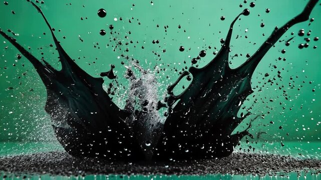 Black Ink Explosion: A dramatic splash of black ink against a vibrant green backdrop creates a captivating and artistic image, showcasing the dynamic energy and unpredictable nature of creativity. 