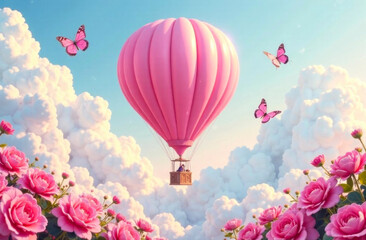 Obraz premium A pink hot air balloon drifts through fluffy clouds, surrounded by butterflies and blooming roses on a clear day