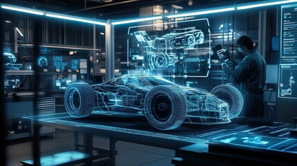 Technician inspecting a digital wireframe model of a race car us