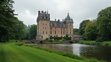 Historic Castle in Lush Green Landscape with Moat