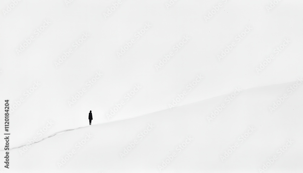 Poster lone figure walking along a snowy path with a minimalist landscape in a serene winter setting