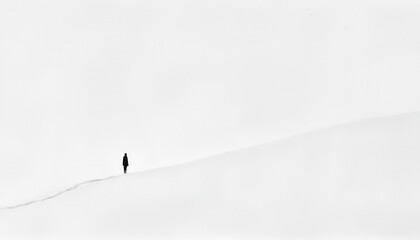 Lone Figure Walking Along a Snowy Path with a Minimalist Landscape in a Serene Winter Setting