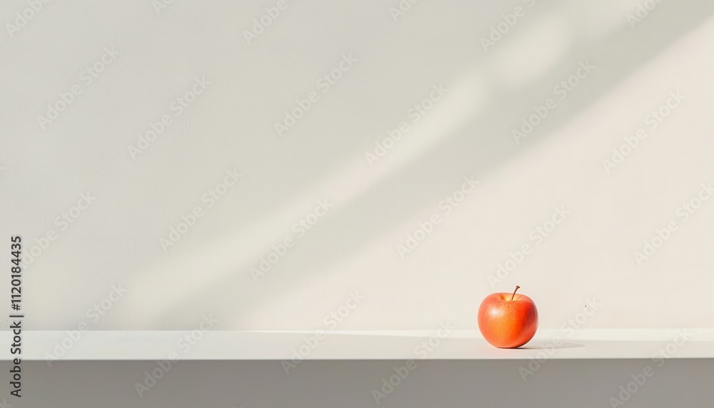 Poster Single Fresh Red Apple on Clean Empty Table Against Soft Shadowed Background