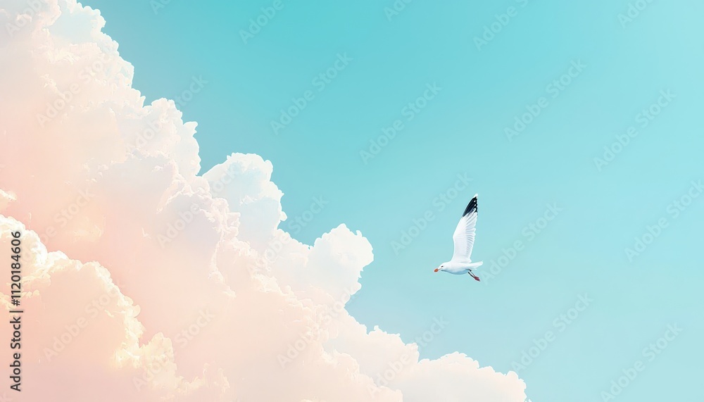 Poster single seagull in flight against serene sky with soft clouds creating a peaceful nature scene