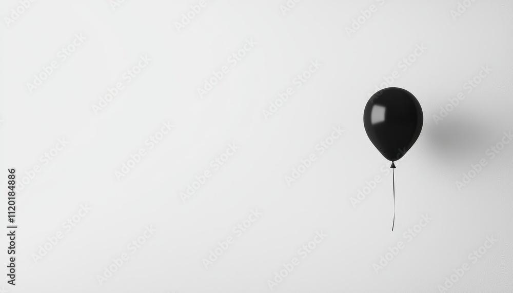 Poster simple composition of a single black balloon floating on a minimalistic white background in a serene