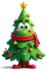 Cartoon character of christmas tree with ornaments and star