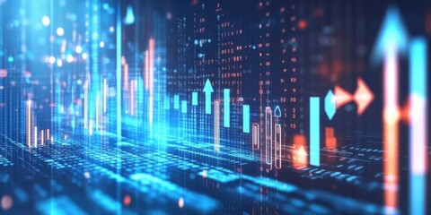 Augmented reality market flow, holographic data streams, depth-shifting arrows in electric blue and white, immersive financial visualization, 3D interactive interface