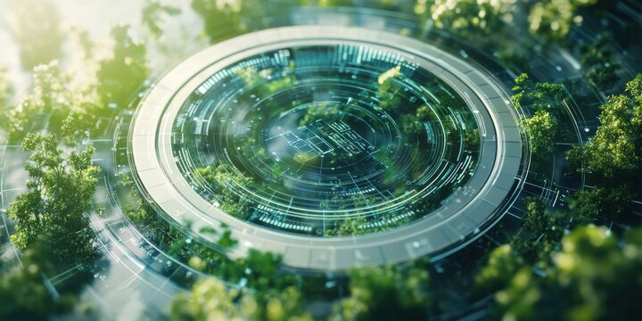 Climate research ring, earth-toned circular bars, environmental data visualization, soft digital background, ecological innovation aesthetic