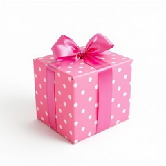 pink gift box with ribbon on a solid white background for web, print or creative projects. AI Rendered.  White background easily removed for integration into your projects.
