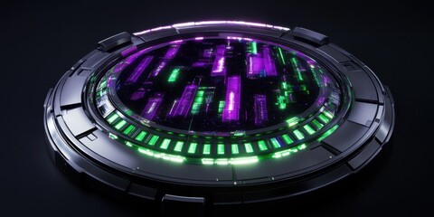 Cosmic data exploration wheel, iridescent neon bars representing astronomical data, deep space purple and electric green, holographic 3D interface, ultra-detailed scientific visualization
