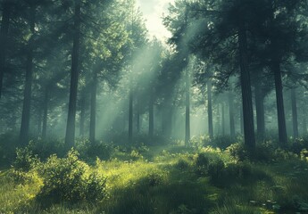 Obraz premium Ethereal Sunlight Filtering Through Tall Evergreen Trees in a Serene Forest Landscape Illuminating Lush Greenery and Creating a Dreamy Atmosphere