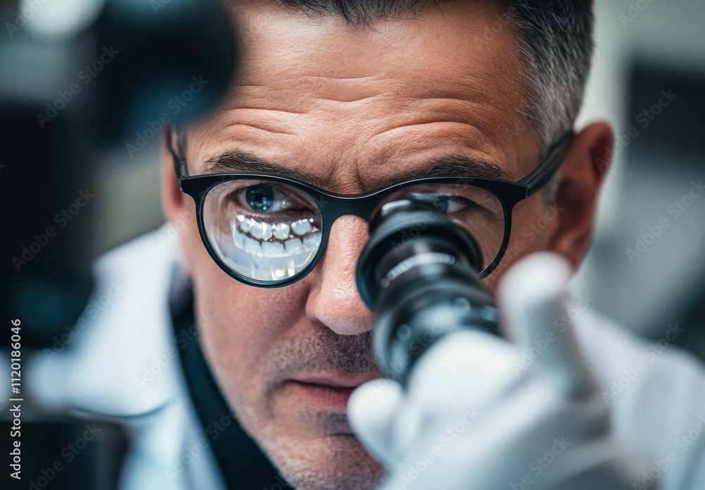 Poster focused male scientist in lab coat observing through microscope with intense expression and reflecte