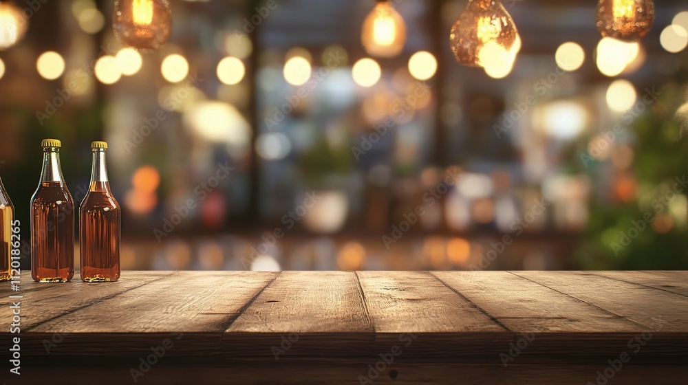 Poster empty wooden bar counter with bottles and blurred background