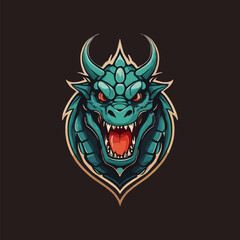 Fierce Blue Dragon Emblem with Fiery Eyes on Dark Background