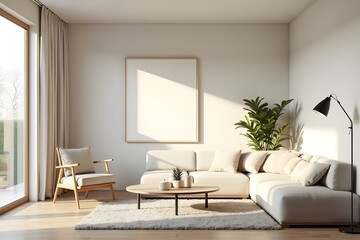 Fototapeta premium modern scandinavian living room, 3d render sunny bright interior, plaster wood texture,s minimalist design, stylish lighting cozy functional decor, realistic textures