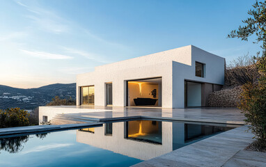Modern villa with pool reflecting sunset in a serene landscape overlooking hills