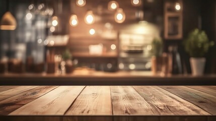 Blurred Background of Wooden Kitchen Counter with Ambient Lighting