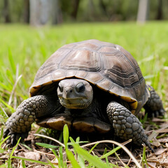 Fototapeta premium Closeup shot of a gopher tortoise on the grassy ground near a tree