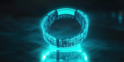 Futuristic computational ring, translucent luminescent bars in deep teal and electric cyan, immersive 3D holographic projection, advanced machine learning aesthetic, crisp UHD detail