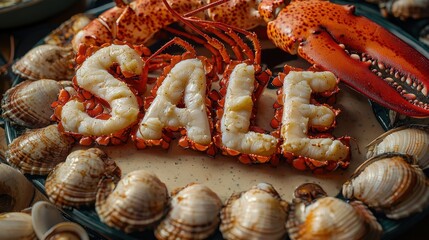 Fresh seafood display featuring lobster and shells promoting special sale event