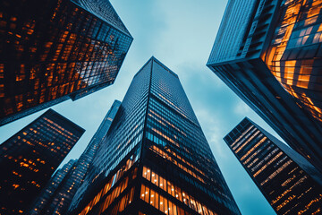 A modern business city skyscraper from below, featuring a sleek glass facade and sophisticated, contemporary design
