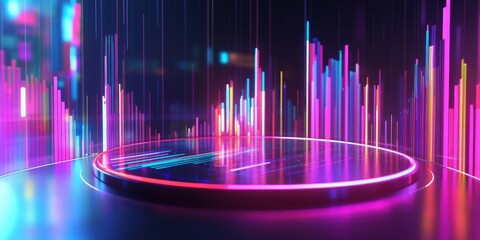 Geometric data visualization, precision-engineered circular chart with sharp neon bars, metallic digital background, high-tech architectural aesthetic
