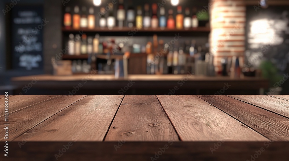 Poster empty wooden table in bar with bottles on shelves behind