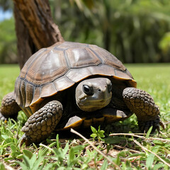 Closeup shot of a gopher tortoise on the grassy ground near a tree