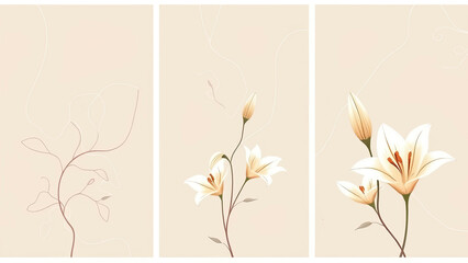 Set of Three Vertical Abstract Minimalistic Vein Art Posters with Lily Flowers