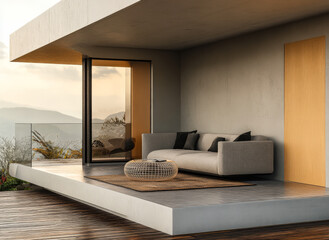 Modern outdoor living space with comfortable seating and scenic mountain view