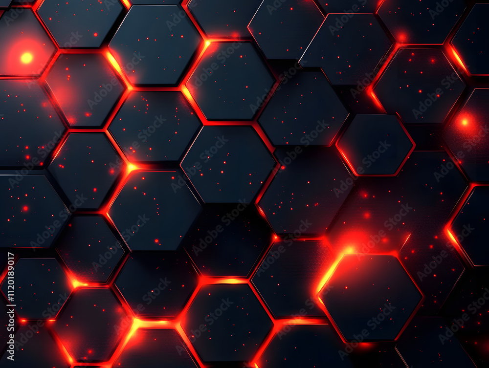 Poster dynamic hexagonal patterns with fiery glow abstract background digital art dark environment close-up