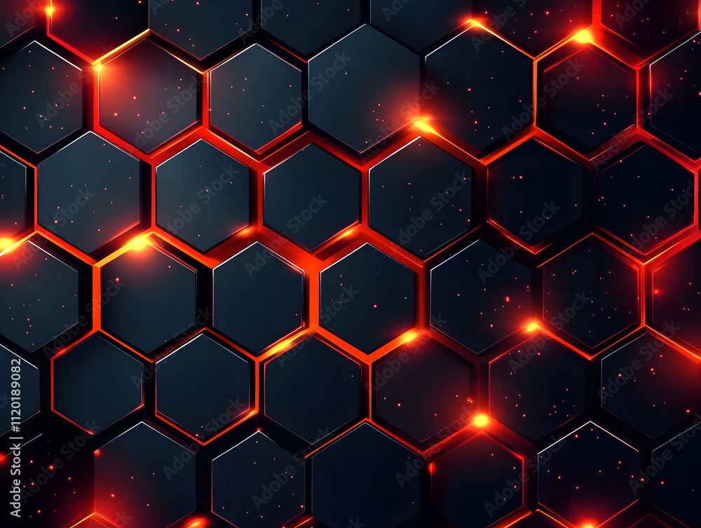 Poster dynamic hexagonal pattern with glowing accents abstract design digital art dark background close-up 
