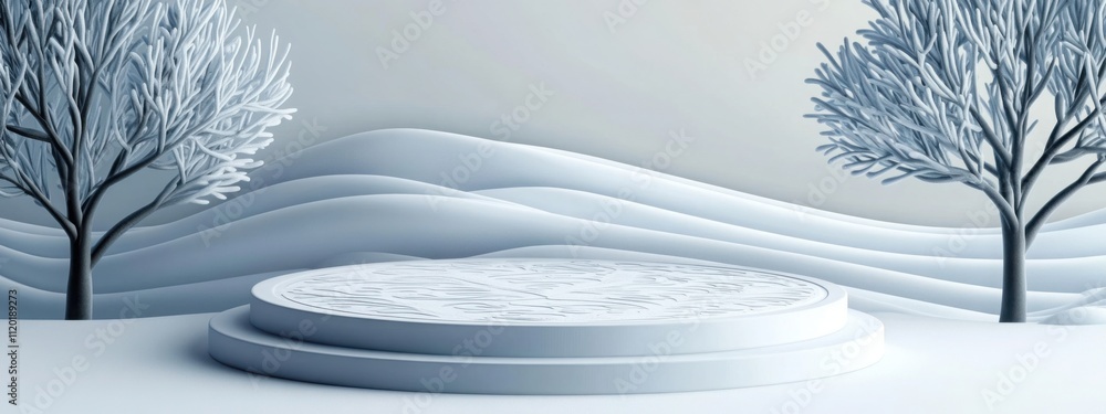 Poster a stylish podium with intricate frosty patterns etched into the surface