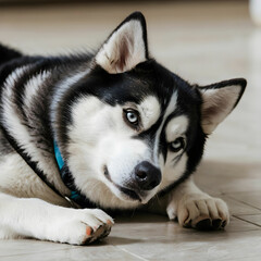 Obraz premium Closeup shot of a husky lying on the floor