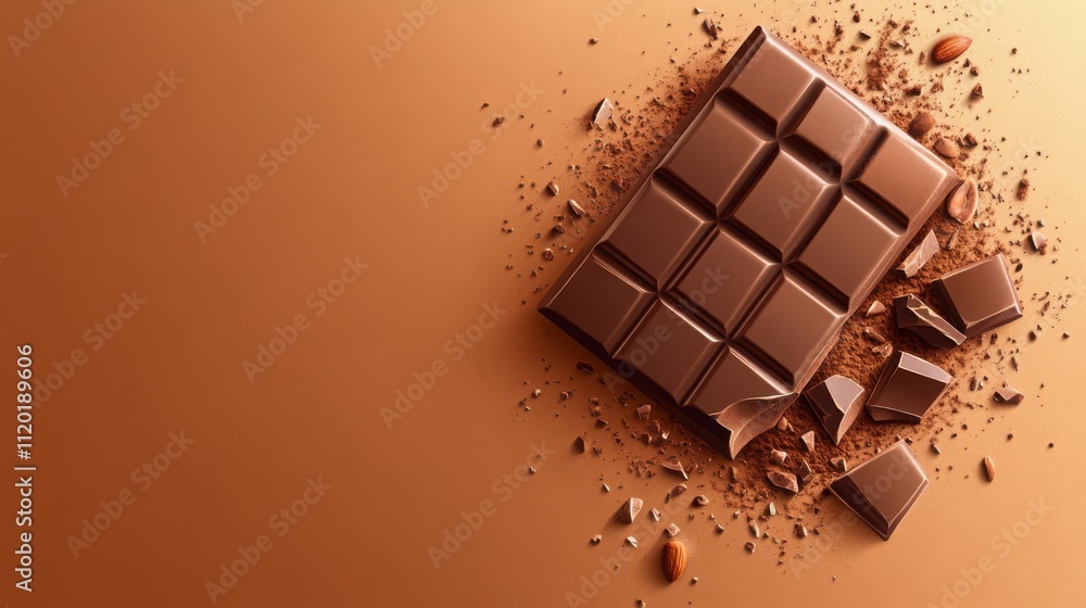 Poster a vector art of a decadent chocolate bar broken into pieces, styled with scattered cocoa
