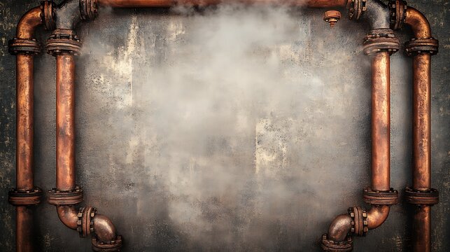 Copper pipes frame on grunge background with steam.