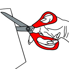 Hand gestures, Hand cutting paper with scissors, hand drawn.