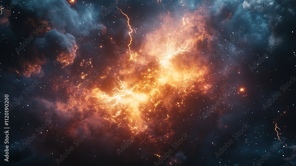 Poster dynamic abstract explosion of lightning on dark cosmic background
