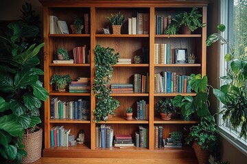 Wooden bookshelf decorated with lush green houseplants creating cozy reading nook
