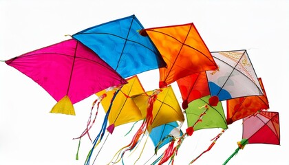 Beautiful flying kites during makar sankranti on isolated white background