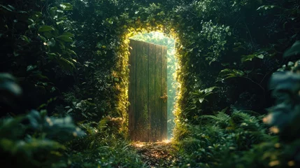 Mysterious door opening into magical forest leads to a bright future