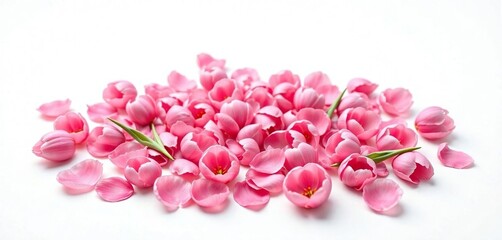Pink tulip petals scattered on a white background , scatter, pink tulips, floral arrangement