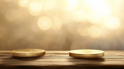 Golden Bokeh Effect on Wooden Table with Coins in Cafe Setting
