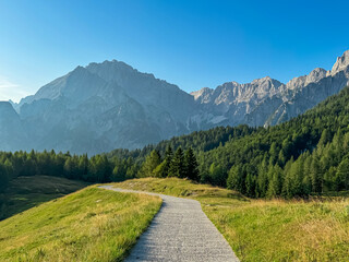 Winding hiking path through lush meadow with view of majestic mountains peaks Julian Alps in...