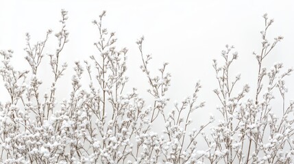 Fototapeta premium Snow-covered plants against a white background.