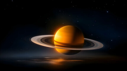 3D rendering of the planet Saturn with its ring system. The rings and the planet itself have a golden yellow color, which is illuminated by sunlight. In front, there's a glowing halo around Saturn. Th