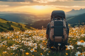 Backpacker enjoying sunset over mountain meadow with wildflowers