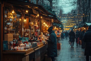 Fototapeta premium Woman buying christmas presents at a stall in a christmas market with lights and people walking